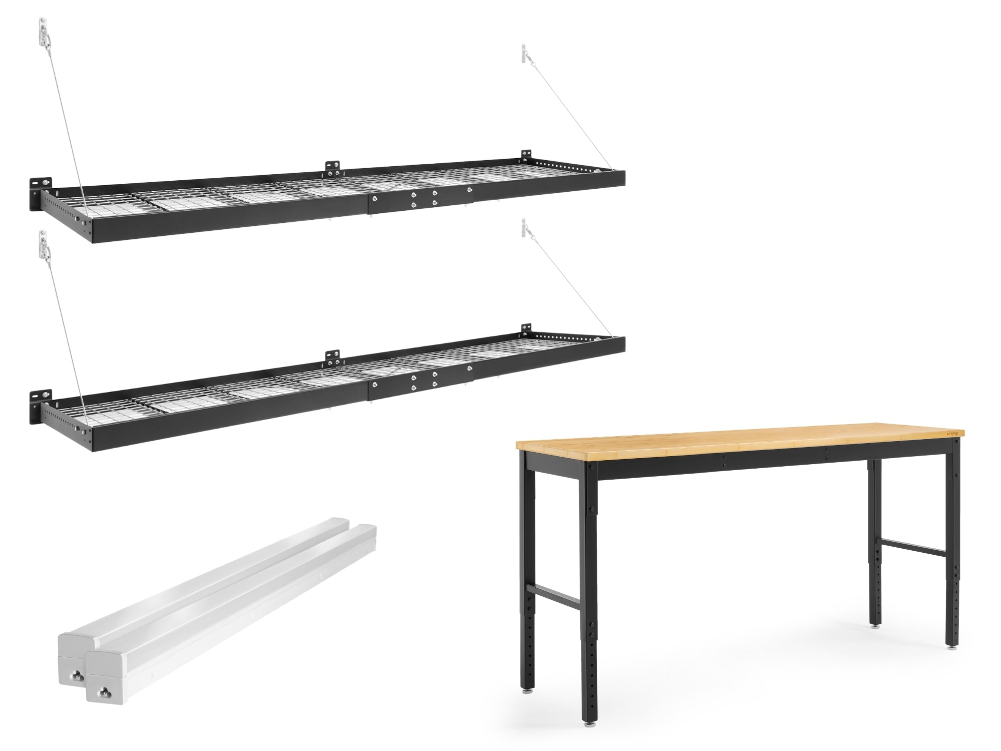 Pro Series 72 in. Adjustable Height Workbench Bundle with Worktop, 2 ft. x 8 ft. Wall Mounted Steel Shelf and LED Lights