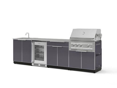 Outdoor Kitchen Aluminum 6 Piece Cabinet Set with Sink, Bar, Grill Cabinet, Platinum Grill, Countertop and Glass Door Fridge