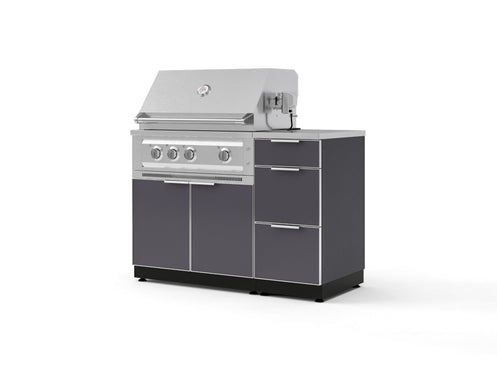 Outdoor Grill Island Aluminum 4 Piece Cabinet Set with 3-Drawer, Grill Cabinet, Platinum Grill and Countertop