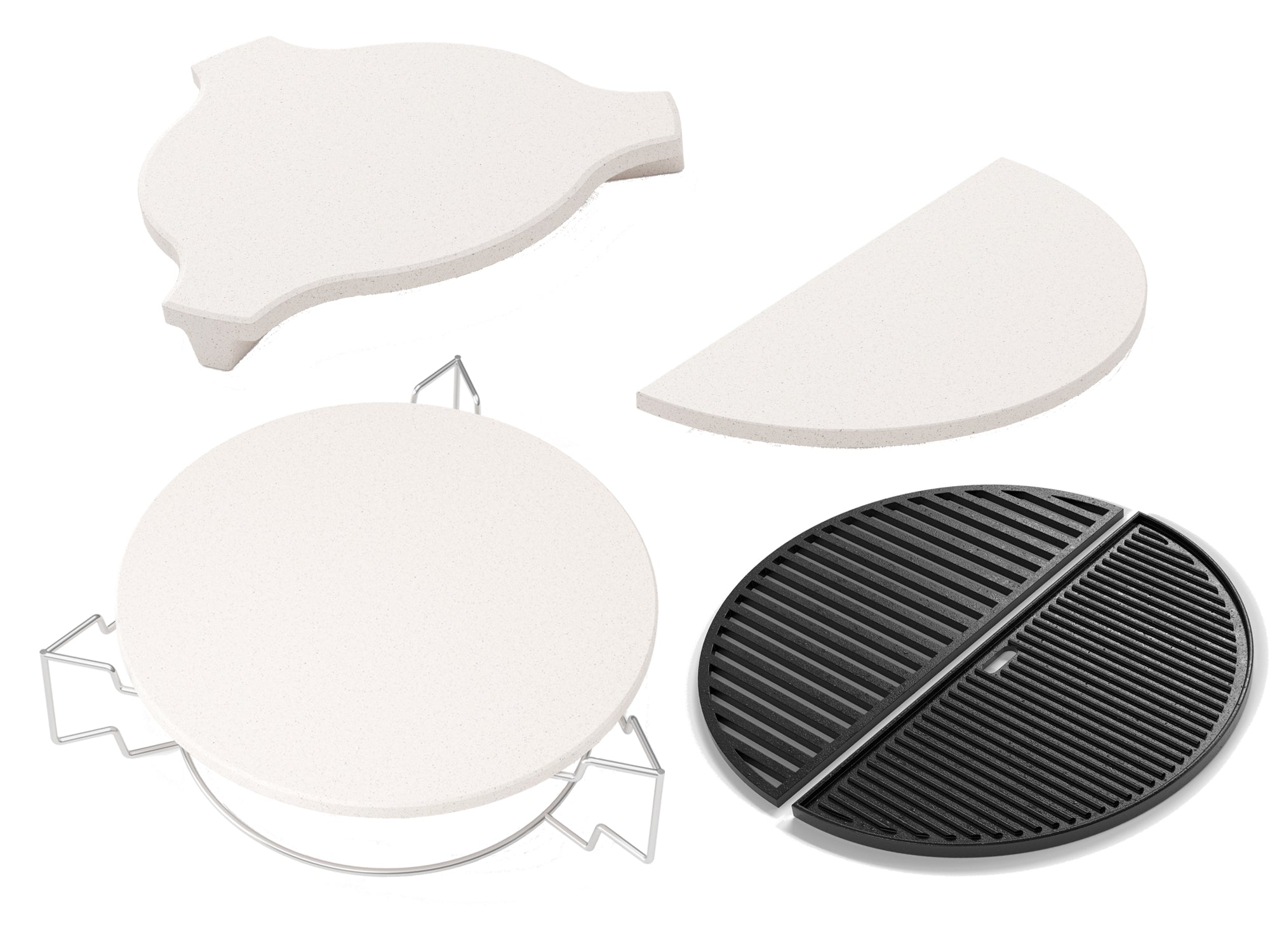Outdoor Kitchen Kamado 4-Piece Bundle (22 in. Pizza Stone Assembly, 22 in. Cast Iron Griddle, 11 in. Heat Diffuser, 14 in. Half Moon Heat Diffuser)